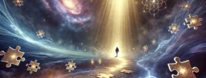 A figure walking a path of puzzle pieces with celestial light illuminating the path representing Navigating the Compressed Time Segment