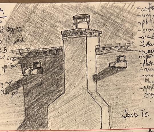 Pencil sketch of the chimney and side of an adobe building in Santa Fe with stark shadows.