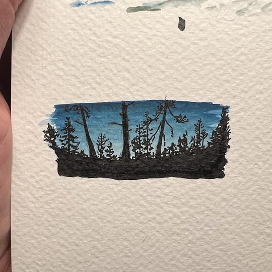small watercolor sketch of the evening view from outside a yurt in New Mexico near Santa Fe