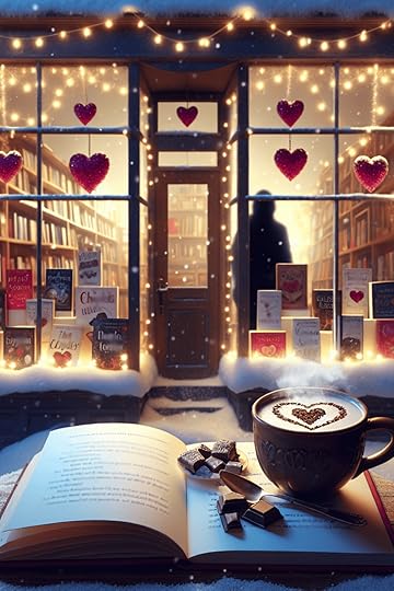 coffee shop windows with hearts and cup of coffee on open book featuring valentine's day cozy mystery books.