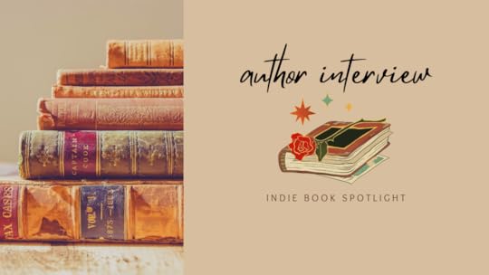 banner that has a picture of a stack of old books beside text that says 'author interview' above 'indie book spotlight' with small graphic of a book with a rose and stars on top between the words