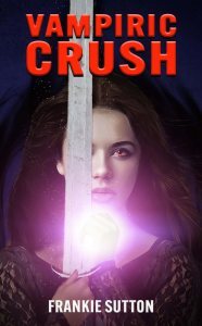 Vampiric Crush cover with a brown-haired woman carrying a glowing sword