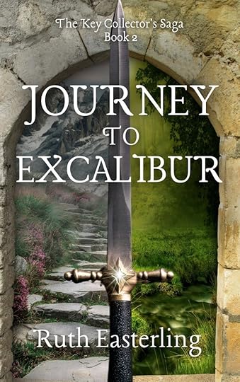 Cover for Journey to Excalibur. The cover is a stone arch with a sword in the foreground that dissects the arch in two. One side is a snowy mountainscape with a stone path leading into the mountain. The other is a green forest.