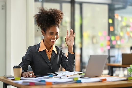 Woman raising her hand enthusiastically