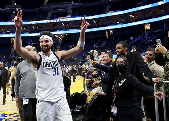 Dallas Mavericks’ Klay Thompson #31 celebrates their 143-133 NBA win...