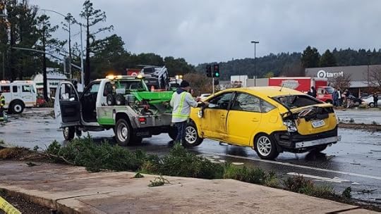 About seven vehicles were overturned and five were injured when a tornado touched down near Mount Hermon Road and Lockewood Lane in Scotts Valley Saturday afternoon. (Aric Sleeper/Santa Cruz Sentinel)