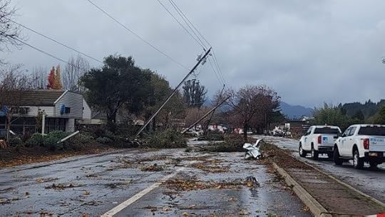 Numerous power poles were toppled and misaligned along Mount Hermon Road after a tornado ripped through Scotts Valley Saturday. (Aric Sleeper/Santa Cruz Sentinel)