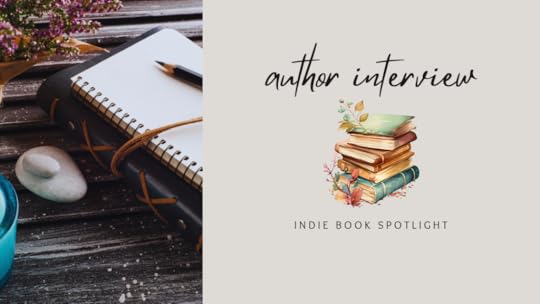 a banner with a picture of a notebook and pencil on a table beside flowers and rocks, across from text that reads 'author interview' over a drawing of a stack of books, which is over text that reads 'indie book spotlight'