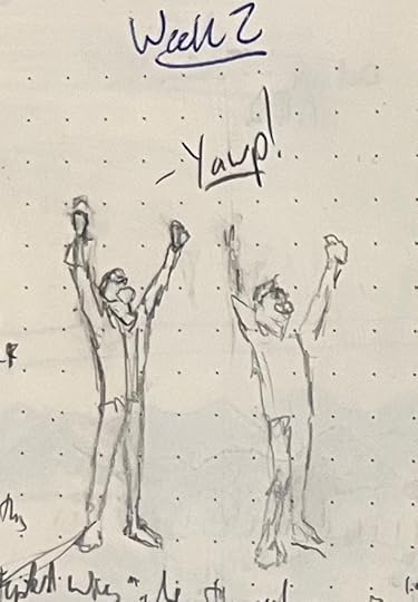 A pencil sketch of a little man loosing a barbaric 