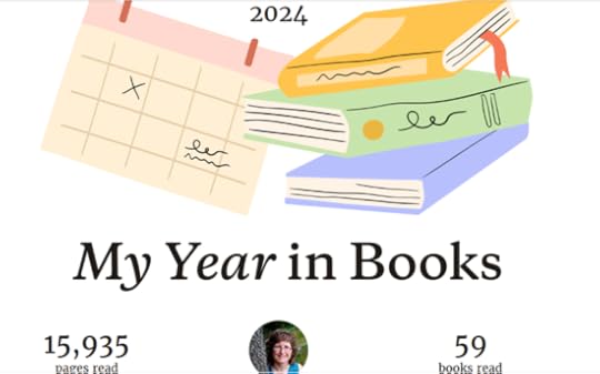 Calendar, 2024, books. Text: My Year in Books 15,935 pages read, 59 books read. Image of Janet Sketchley.