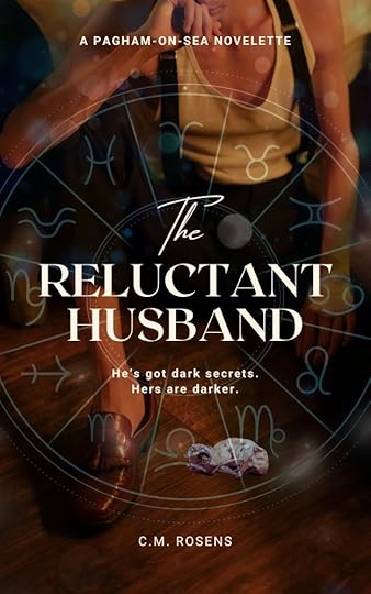 cover of The Reluctant Husband, a paghma-on-sea novelette.man sat on the bare floorboards of a room wearing suspenders over a vest. A dead rat is by his brown shoe. Overlaid across the cover is an astrological signs wheel.