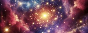 Interconnected stars in space with cosmic clouds representing Intention Setting for Accessing Higher Knowledge