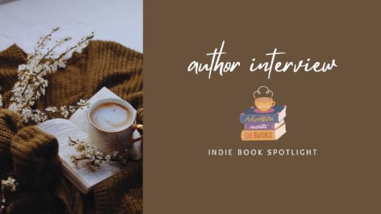 A banner with a picture of a jumper with flowers, a book and a cup of coffee on top across from text that reads 'author interview' over a cartoon of a stack of books with a mug on top, over text that reads 'indie book spotlight'