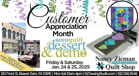 AccuQuilt Grateful Hearts Table Runner Demo & Dessert Event Jan 24-25, 2025 at The Nancy Zieman Sewing Studio & Quilt Shop in Downtown Beaver Dam WI