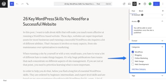 Assigning a blog category to a post.
