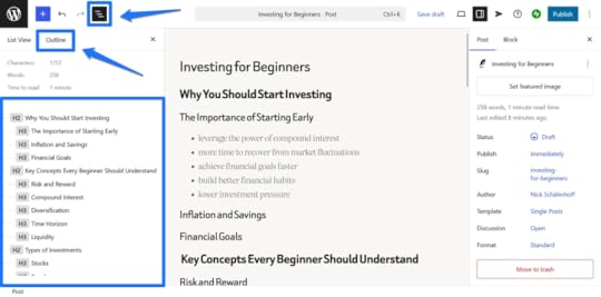 Screenshot of the WordPress outline feature.