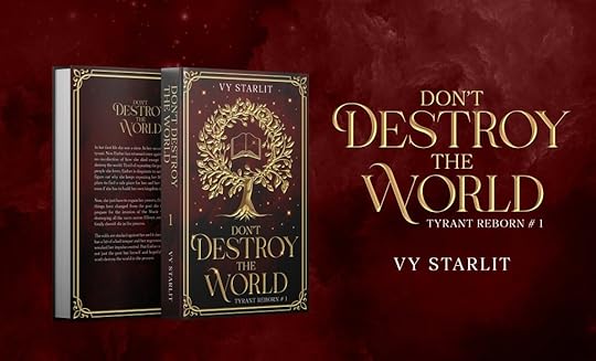Don't Destroy the World banner - burgundy red and gold with a high fantasy feel, showing the mockup books front and back, with a gold tree and a book on the cover.