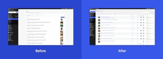 A before and after view of the WordPress.com All Posts page on blue backgrounds