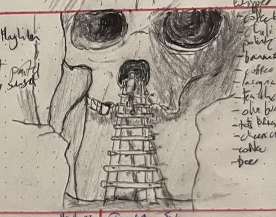 A pencil sketch of a little girl climbing a rough-hewn wooden ladder into the nose-opening of a skull house cliff dwelling.