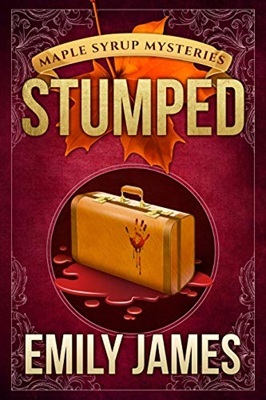 Book cover with a maple leaf. Main image is a suitcase with a bloody handprint, sitting in a pool of blood. Text
