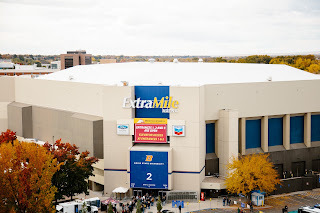 Aerial exterior shot of ExtraMile Arena in Boise, Idaho