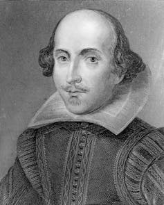 A black and white illustration of William Shakespeare.