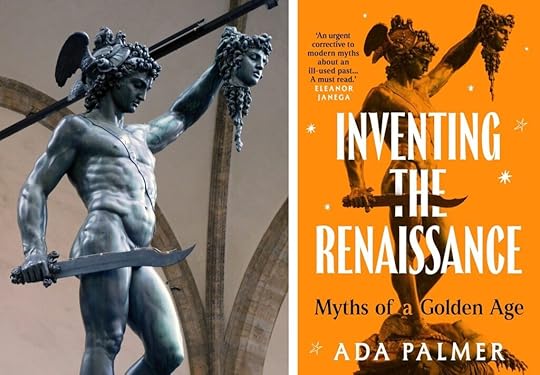 Left' A bronze statue of naked Perseus, beautifully muscular and youthful, holding aloft the severed head of Medusa from whose neck gore is dribbling in streams. He wears a beautiful classical helmet with wings on it, and holds a curved classical sword. In the background one can see the arched roof of the Renaissance loggia above him. Right: An orange book cover showing the same statue in much the same position, though one can also see Medusa's headless body at Perseus's triumphant feet, her neck streaming gore. The title 