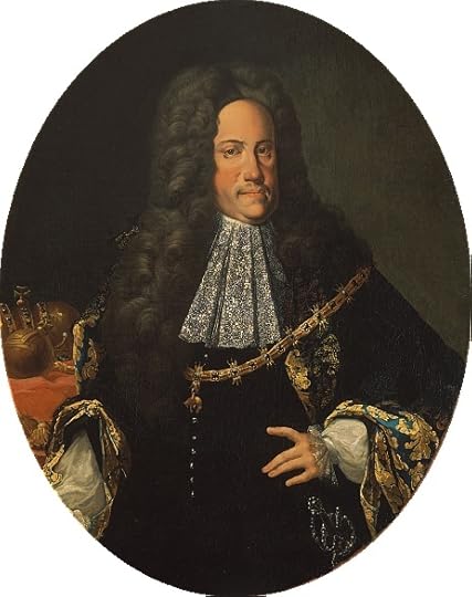 Half-length portrait of Charles VI, wearing black velvet and lace and a dramatic wig. That artist has softened the infamous Hapsburg jaw.