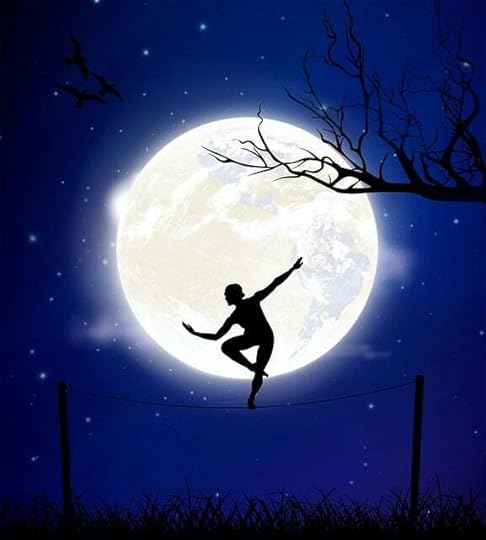 Figure in shilhousette blaancing on a tightrope against a full moon and a staarry sky, with a tree branch reaching over it.