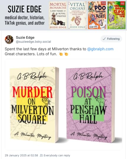 Suzie Edge: medical doctor, historian, TikTok genius, and author. Book cover images including Mortal Monarchs, Vital Organs, Poo Through the Ages, and Wee, Snot and Slime Through Time. Screenshot of Bluesky post by Suzie Edge: