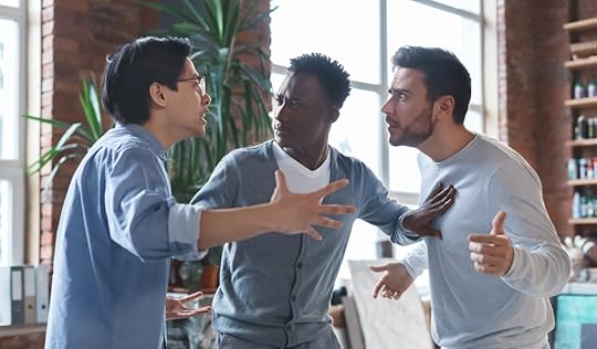 Two coworkers arguing and one trying to intervene