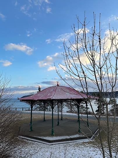 Blue sky, trees, Point Pleasant Park gazebo with red roof