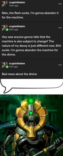 My instincts say [Epoch] is the best ending, but I'm not a conservative by nature, so you're gonna struggle to get me to believe in returning a golden age by re-enslaving a sentient and suffering soul. Omelas must fall. Long live the new flesh. More self-justifying propaganda for the apocalypse as required.