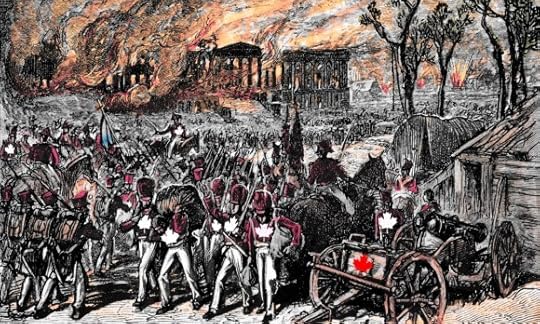A 19th century painting depicting the burning of the White House during the War of 1812. The white Xes on the soldiers' uniforms have been replaced with white Canadian maple leaves.