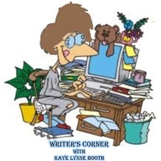 Caracature of a woman typing on a keyboard at a very messy desk. Text: Writer's Corner with Kaye Lynne Booth