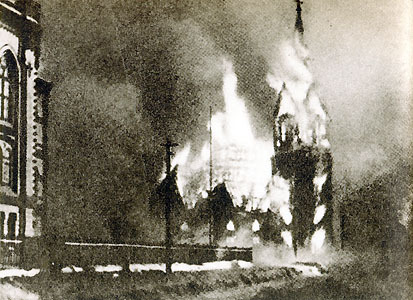 Lutheran church of Sortavala, Finland on fire after Soviet bombing, 2 Feb 1940 (public domain via Wikipedia)