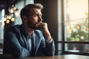 Un hombre mira por una ventana con expresión triste y pensativa