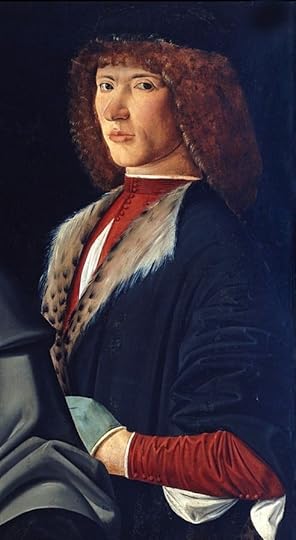 Portrait possibly of Galeazzo Sanseverino. A man with auburn shoulder - length curly hair stands looking at the viewer. He wears a black cap, a costly black velvet overgarment lined with leopard fur, a red doublet partly unbuttoned down the front, and gray gloves.