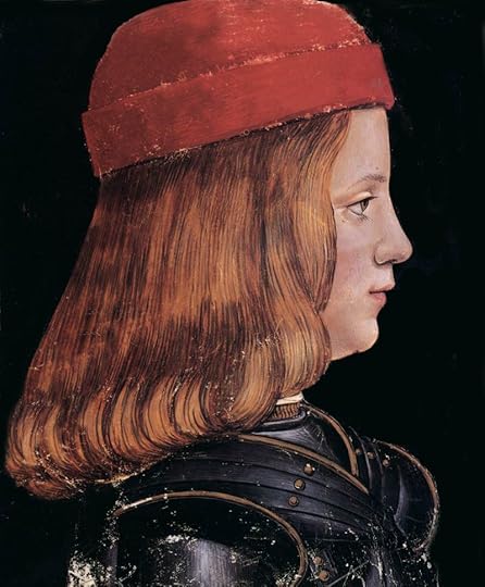 Portrait of Massimiliano Sforza, eldest son of Beatrice and Ludovico, shown as a little boy with shoulder-length auburn hear wearing a red cap and child-sized armor.