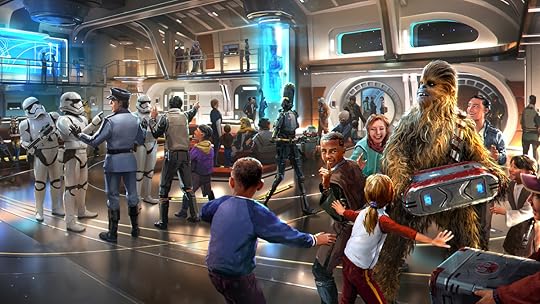 Humans and aliens in an atrium in Star Wars: Galactic Starcruiser concept art
