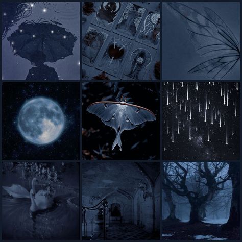 This may contain: a collage of images with the moon and trees in it, rain falling down on them