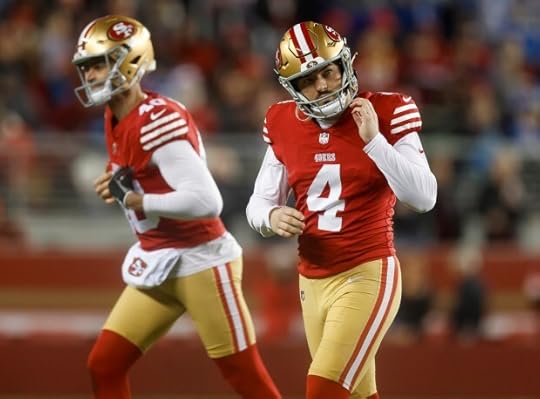 San Francisco 49ers' Jake Moody (4) walks off the field after missing a field goal against the Detroit Lions in the fourth quarter at Levi's Stadium in Santa Clara, Calif., on Monday, Dec. 30, 2024. (Nhat V. Meyer/Bay Area News Group)