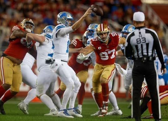 Detroit Lions starting quarterback Jared Goff (16) throws the ball into the ground under pressure against San Francisco 49ers' Nick Bosa (97) in the second quarter at Levi's Stadium in Santa Clara, Calif., on Monday, Dec. 30, 2024. (Nhat V. Meyer/Bay Area News Group)