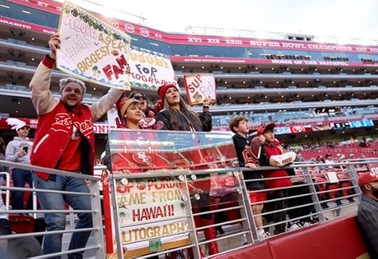 San Francisco 49ers fans from Hawaii watch warmups before their NFL game against the Detroit Lions at Levis Stadium in Santa Clara, Calif., on Monday, Dec. 30, 2024. (Jane Tyska/Bay Area News Group)