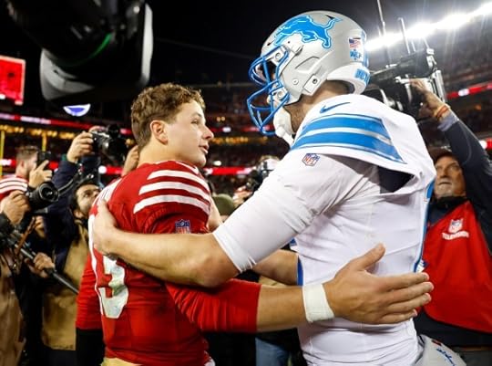 San Francisco 49ers starting quarterback Brock Purdy (13) talks to Detroit Lions starting quarterback Jared Goff (16) following the Lions 40-34 win at Levi's Stadium in Santa Clara, Calif., on Monday, Dec. 30, 2024. (Nhat V. Meyer/Bay Area News Group)