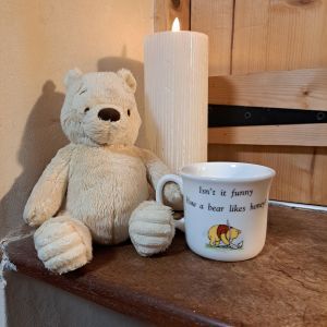 photo of Winnie the Pooh teddy with candle and mug showing caption 