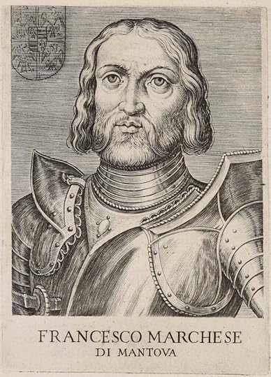 Black and white print portrait of Francesco Gonzaga, looking much like his earlier portrait with a full manly beard and wearing full armor. His coat of arms, covered with imperial eagle imagery, appears in the top left corner.