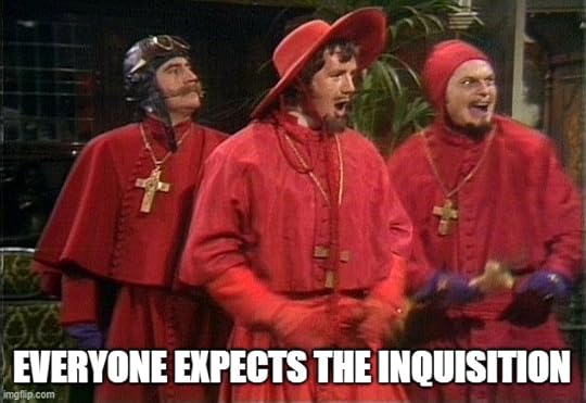 Meme image of the silly Spanish Inquisition from Monty Python, with the caption 