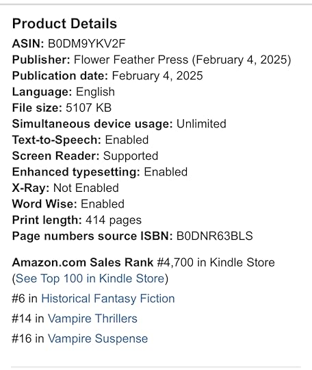 Amazon Screenshot showing Immortal Gifts as #6 in Historical Fantasy#14 in Vampire Thrillers#16 in Vampire Suspense