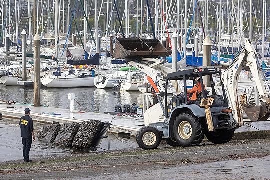 Damaged docks are removed from the Santa Cruz Harbor, Thursday,...